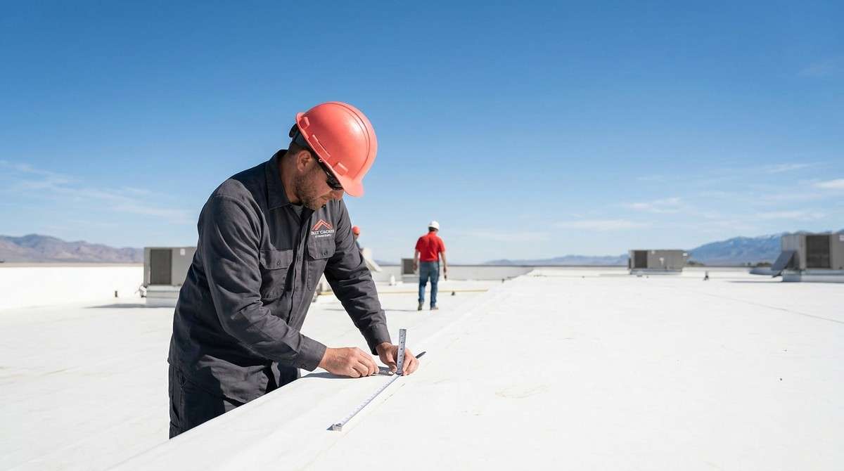 Commercial roof maintenance technician inspecting a flat roof surface